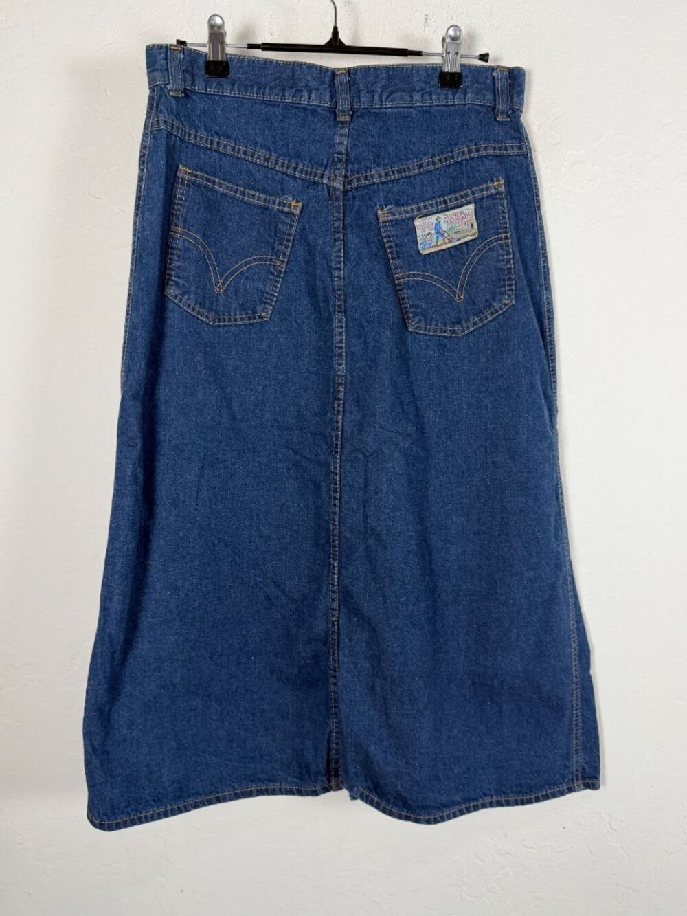 RARE Vintage Levis Denim Midi Skirt Farmers & Mechanics Patch Blue High-Waist 9 - Picture 2 of 10